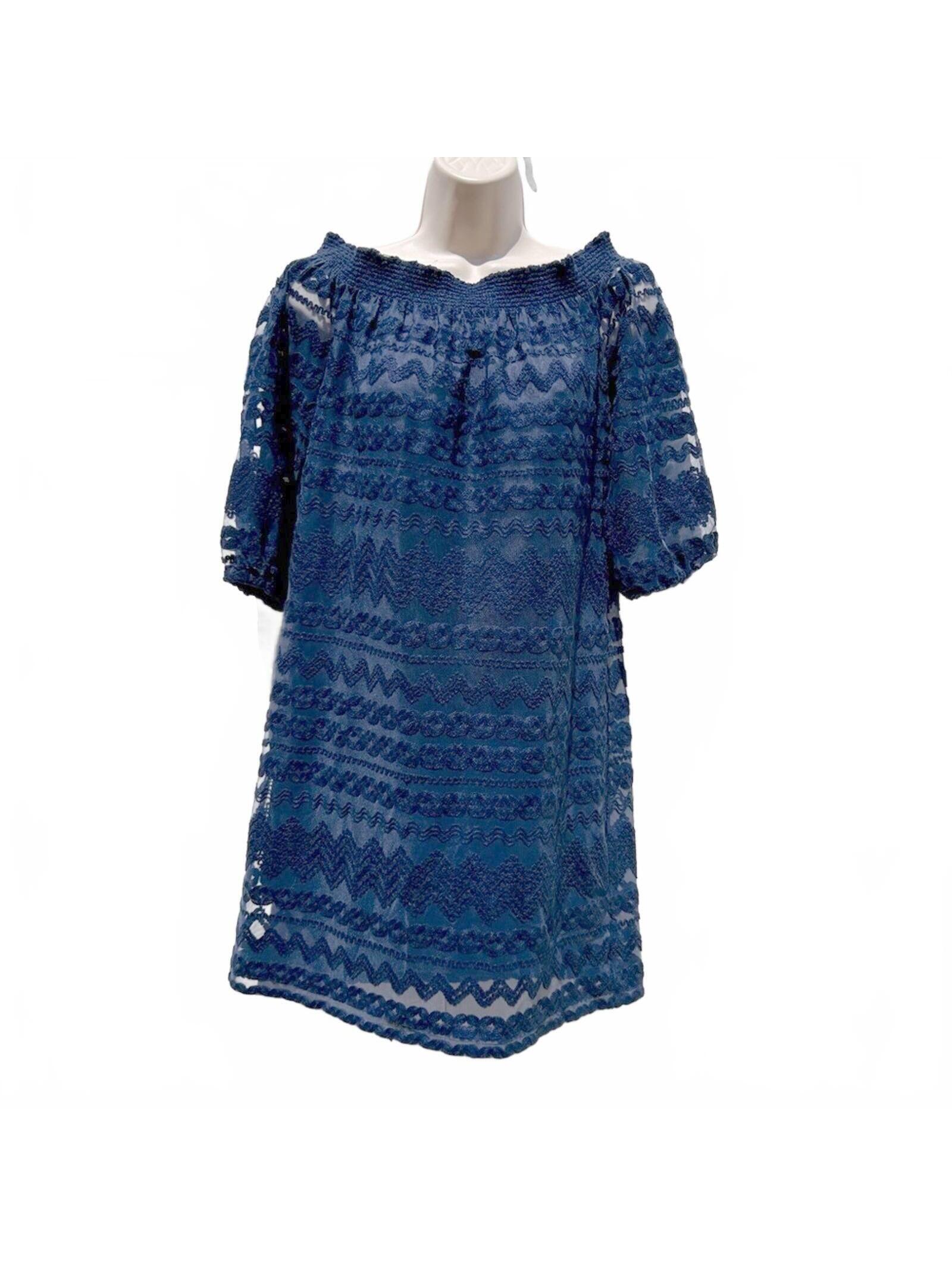Trina Turk Navy Off Shoulder Half Sleeve Textured Stripe Dress | Size Medium